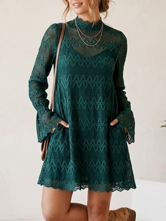 Free People Dresses & Skirts - Free People Green Chevron Crochet Lace Mini Dress - Size S